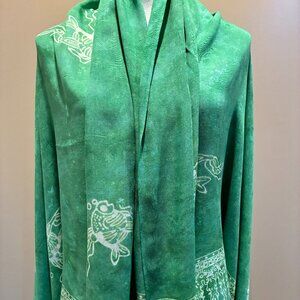 Green/white  batik shawl with fish design